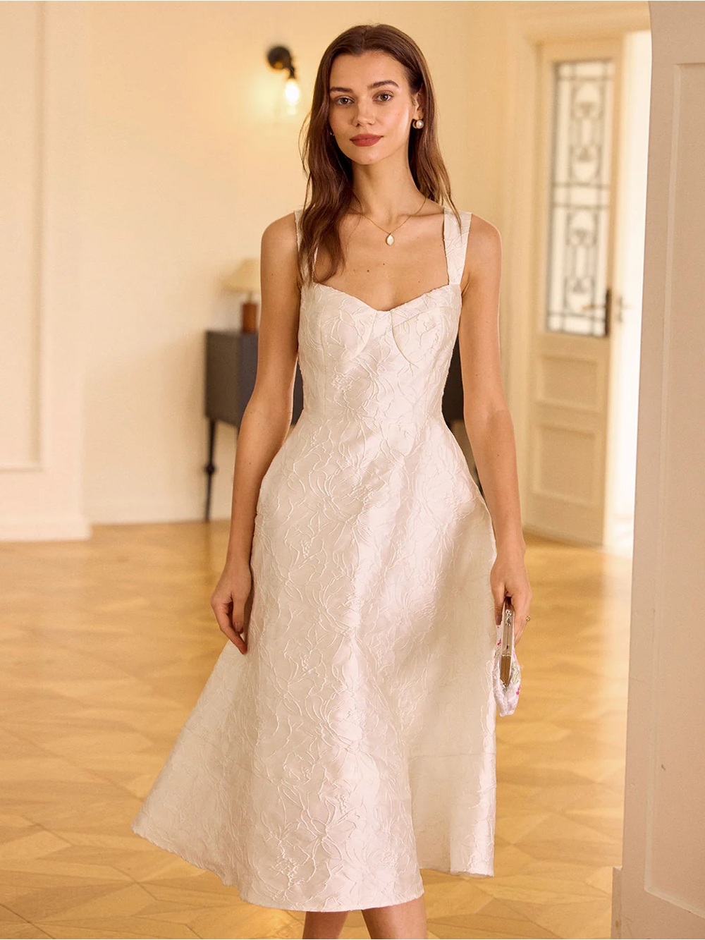 Rihoas • The White Sweetheart Neck Jacquard Midi A-Line Dress